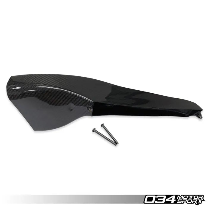 Black carbon fiber car part with screws on a white background, featuring 034 Motorsport logo.