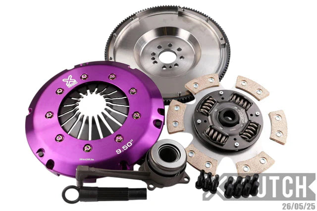 Automotive clutch kit with purple and silver components on a white background