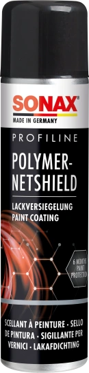 Sonax Polymer-Netshield spray can with black and silver design.