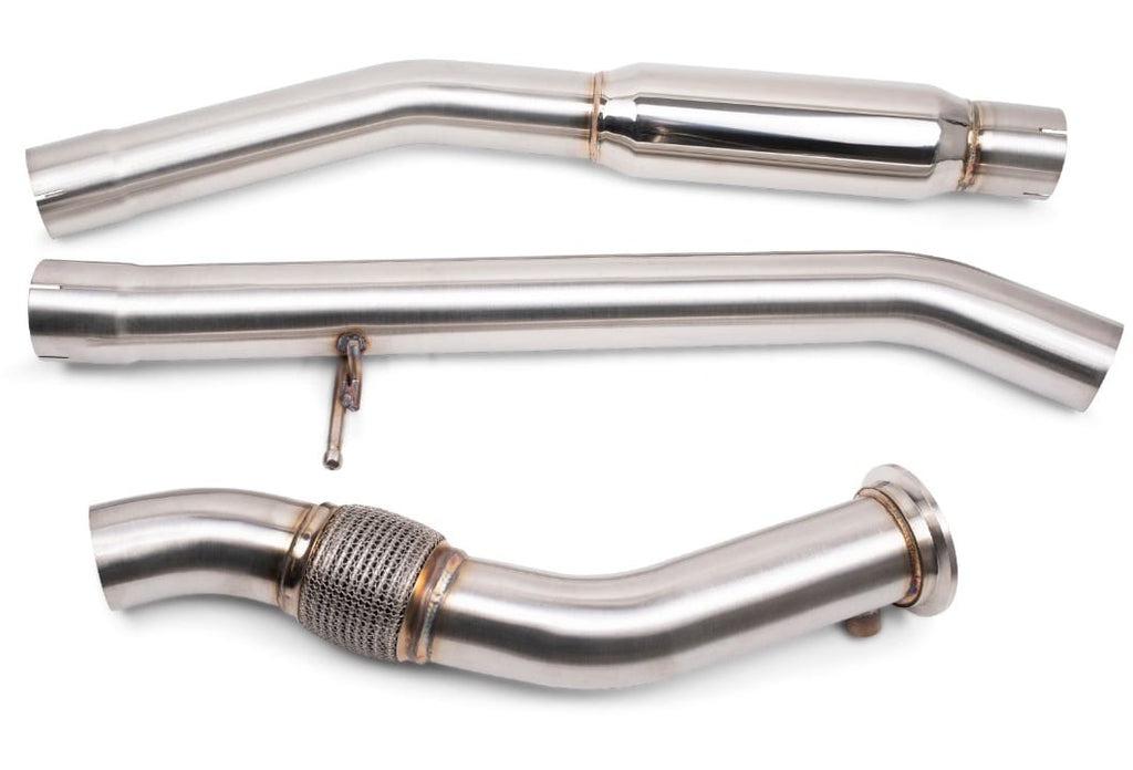 Three stainless steel exhaust pipes on a white background