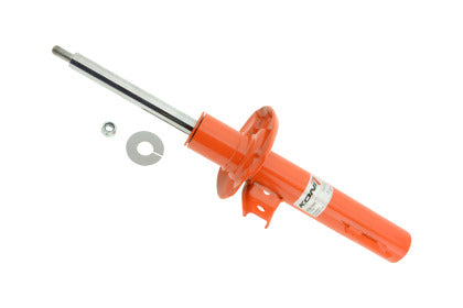 Orange shock absorber with a silver metal rod on a white background