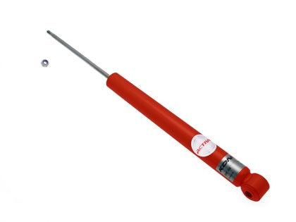 Red shock absorber with a silver metal rod on a white background