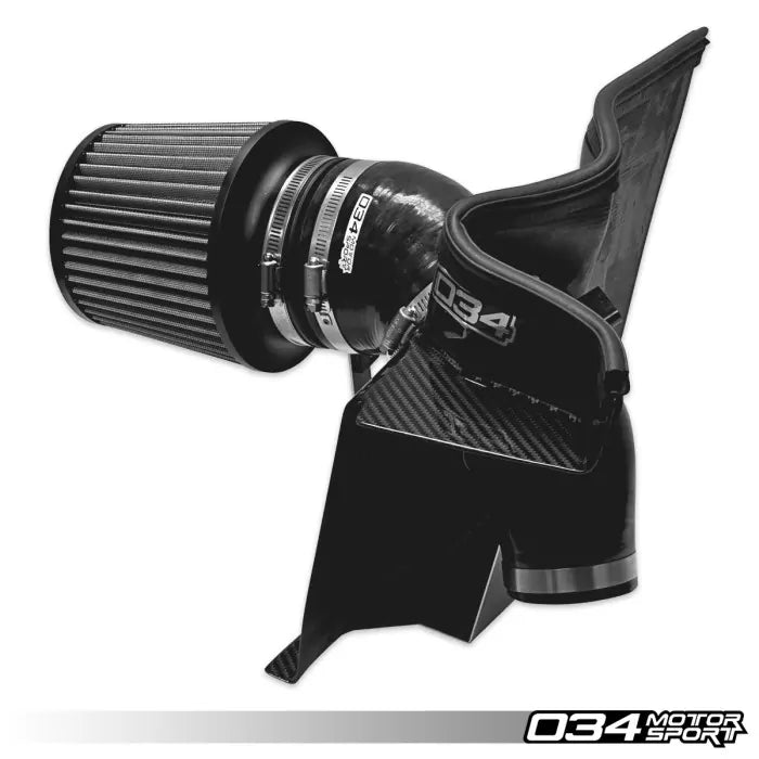 Black automotive air intake system with '034 Motorsport' branding on a white background