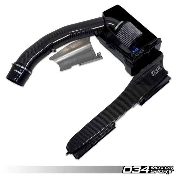 Car air intake system with black carbon fiber design on a white background, featuring the 034 Motorsport logo.