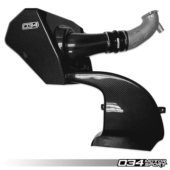 Black automotive air intake system with '034 Motorsport' branding on a white background